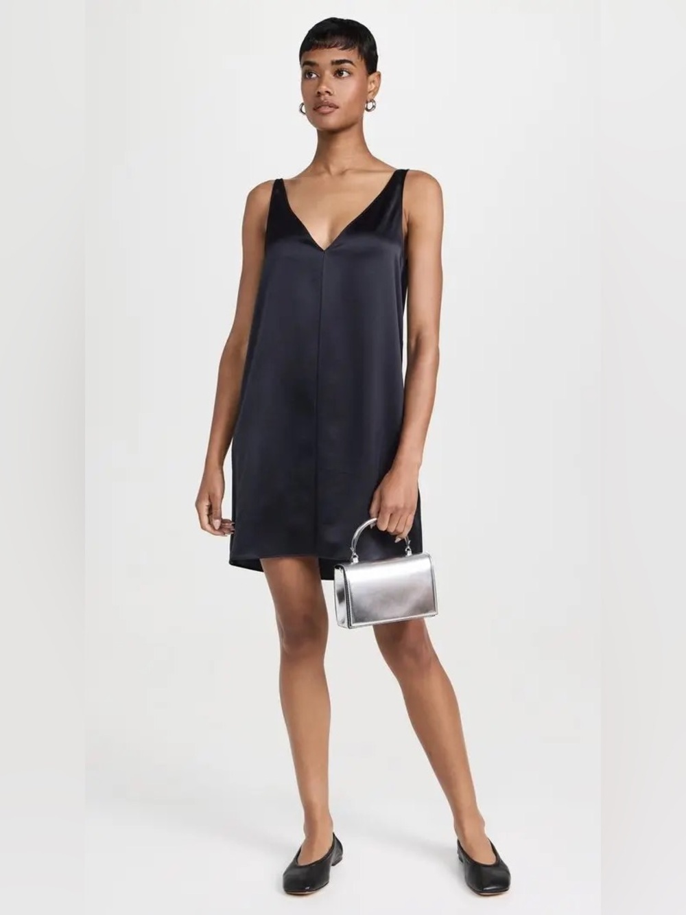 Leset Barb Midnight Black Satin V Neck Mini Dress Size Medium